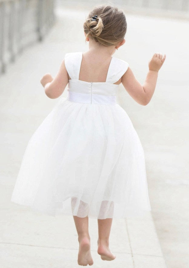 Graceful Tulle Square Neckline Tea-Length A-line Flower Girl Dress with Waistband