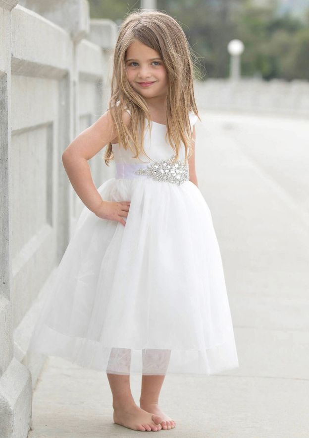 Graceful Tulle Square Neckline Tea-Length A-line Flower Girl Dress with Waistband