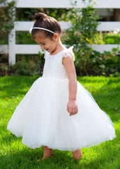 Elegant Tulle Bateau Neck Tea-Length A-line Flower Girl Dress with Lace