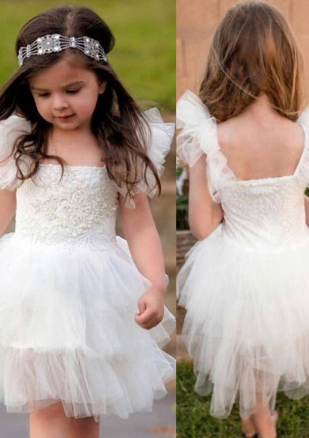 Elegant Sleeveless Square Neckline Knee-Length Tulle A-line Flower Girl Dress with Lace