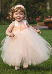 Stylish Tulle Halter Neck Ankle-Length A-line Flower Girl Dress with Appliqu¨¦