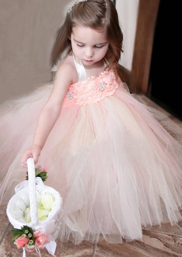 Stylish Tulle Halter Neck Ankle-Length A-line Flower Girl Dress with Appliqu¨¦