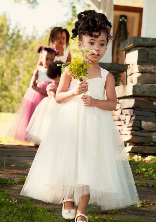 Lovely Tulle Sweetheart Neck Ankle-Length A-line Flower Girl Dress with Bowknot