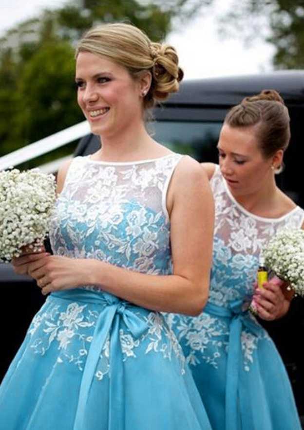 Tea-Length Organza Bridesmaid Dress, A-Line/Princess Shape, Bateau Neck, With Appliqued BM bride