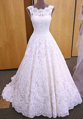 Appliqued Lace A-Line/Princess with Scalloped Neckline, Sleeveless Design, and Court Train