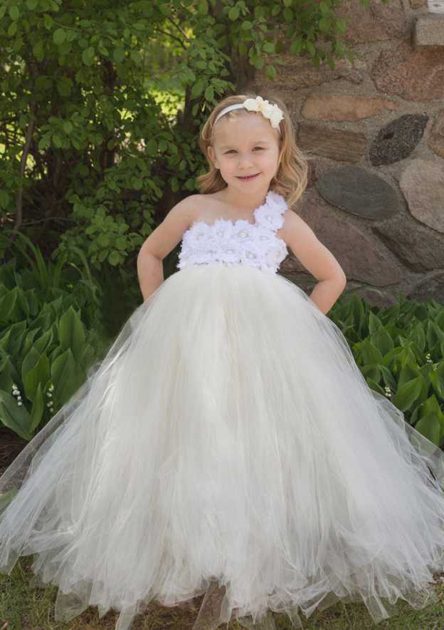 Graceful Sleeveless One-Shoulder Floor-Length Tulle A-line Flower Girl Dress with Appliqu¨¦