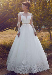 Elegant A-Line/Princess Bateau Full Long Sleeve Long Floor-Length Tulle Wedding Dress with Appliqued Waistband