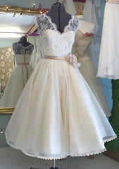 Charming A-Line/Princess V-Neck Sleeveless Tea-Length Tulle Wedding Dress with Lace Flower Accents