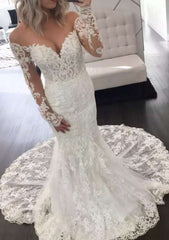 Appliqued Trumpet/Mermaid Off-the-Shoulder Wedding Dress with Full Long Sleeves and Chapel Train in Lace