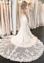 Appliqued Trumpet/Mermaid Off-the-Shoulder Wedding Dress with Full Long Sleeves and Chapel Train in Lace