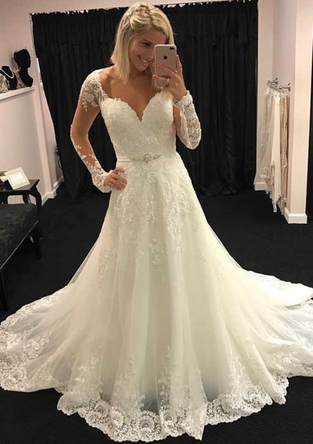 Stylish A-Line/Princess Scalloped Neck Full Long Sleeve Court Train Tulle Wedding Dress with Appliqued Lace Waistband