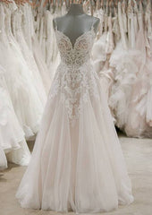 Appliqued A-Line/Princess Sweetheart Sleeveless Wedding Dress with Sweep Train in Tulle