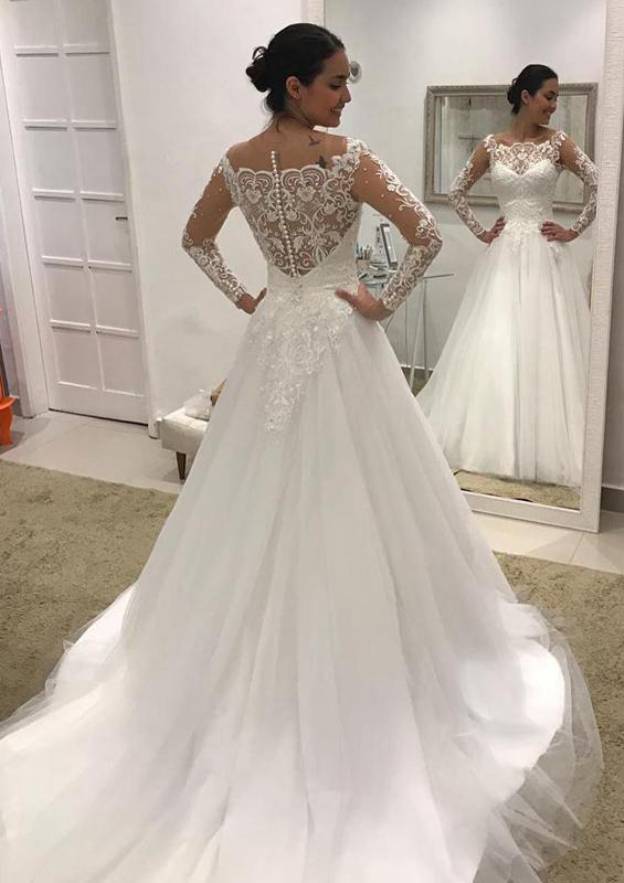 Lace Appliqued A-Line/Princess with Scalloped Neckline, Full Long Sleeves, and Court Train in Tulle