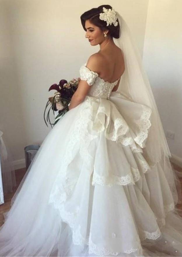 Appliqued Lace Ball Gown with Off-the-Shoulder Short Sleeves and Long Floor-Length Tulle