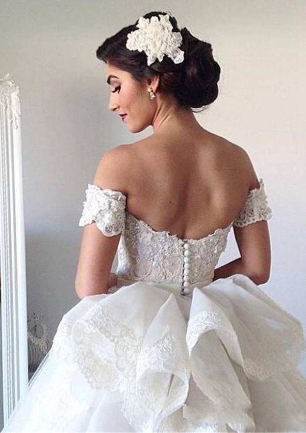 Appliqued Lace Ball Gown with Off-the-Shoulder Short Sleeves and Long Floor-Length Tulle