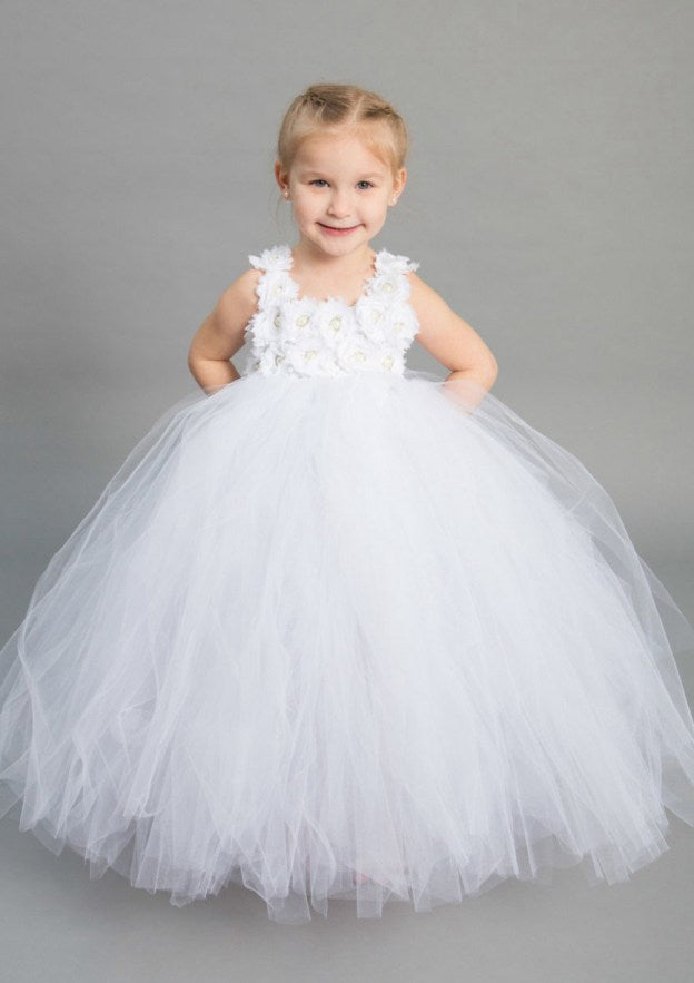 Elegant Sleeveless Square Neckline Tulle A-line Flower Girl Dress with Appliqu¨¦ (Floor-Length)