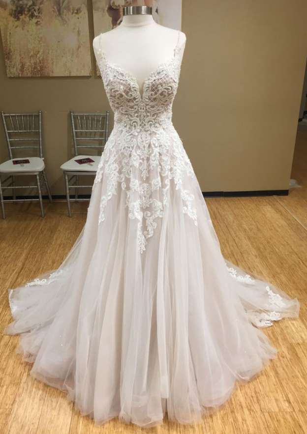 Appliqued Lace A-Line/Princess with Scalloped Neckline, Sleeveless Design, and Court Train in Tulle