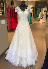 Appliqued Lace A-Line/Princess with Scalloped Neckline, Short Sleeves, and Long Floor-Length Skirt