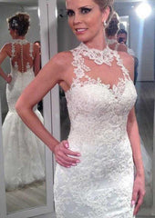 Appliqu¨¦d Trumpet/Mermaid High-Neck Sleeveless Wedding Dress with Long Floor-Length Lace