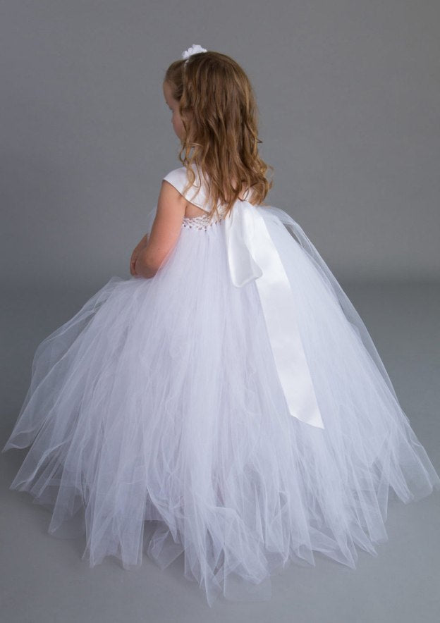 Ankle-Length Lace Satin Taffeta Wedding Party Dress with Charming Bowknot - A-line/Princess Scoop Neck Flower Girl Dress