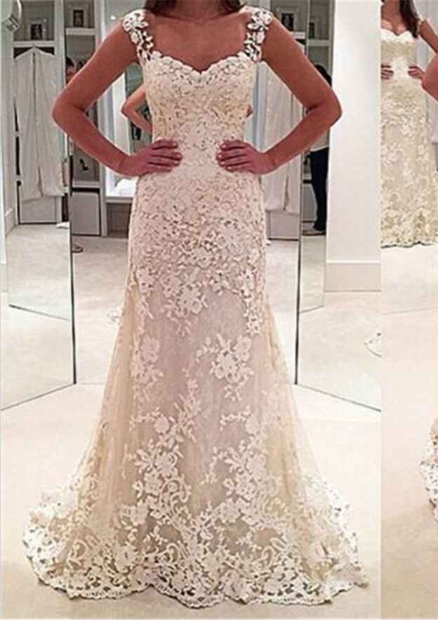 Appliqu¨¦d Sheath/Column Sweetheart Sleeveless Wedding Dress with Sweep Train in Lace