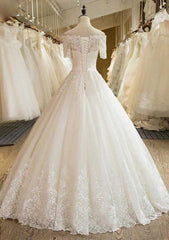 Appliqued Lace Off-The-Shoulder Short Sleeve Ball Gown Wedding Dress with Long Tulle Skirt