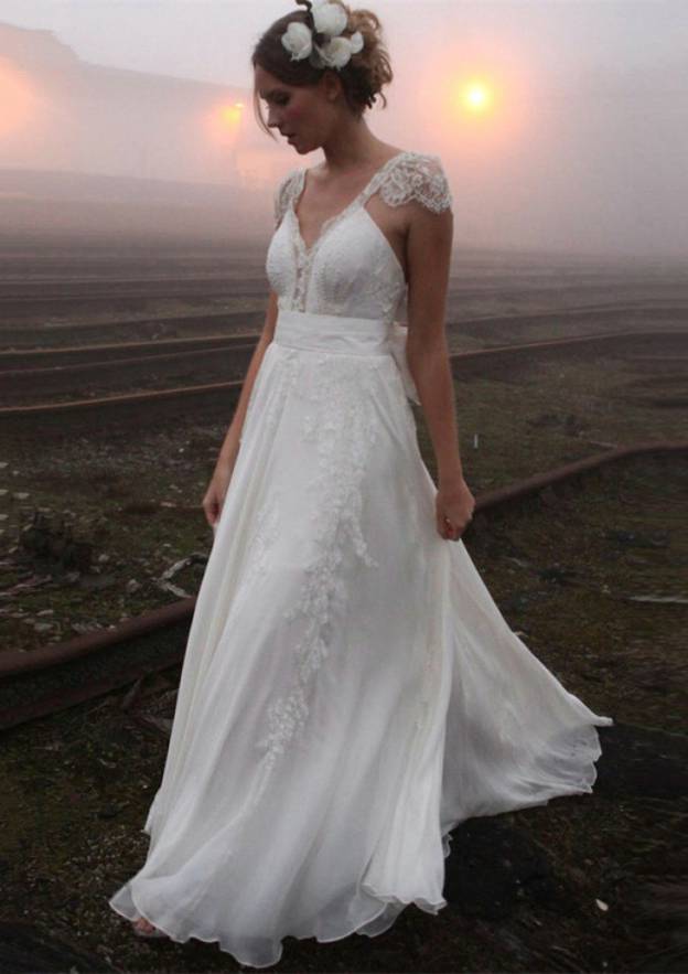 Charming A-Line/Princess V-Neck Sleeveless Court Train Wedding Dress: Chiffon with Appliquedd Bowknot