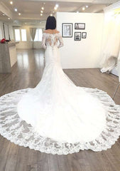 Appliqued Beading Off-The-Shoulder 3/4 Sleeve Trumpet/Mermaid Wedding Dress with Chapel Train and Lace Details