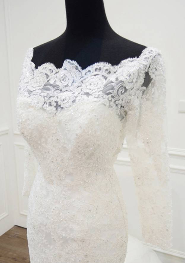 Appliqued Beading Off-The-Shoulder 3/4 Sleeve Trumpet/Mermaid Wedding Dress with Chapel Train and Lace Details