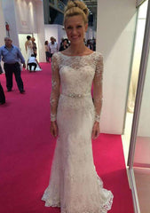 Appliqued Waistband Sheath/Column Wedding Dress with Bateau Neckline and Full Long Sleeves in Lace