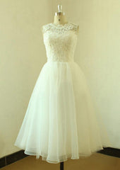 Elegant A-Line/Princess Bateau Sleeveless Tea-Length Organza Wedding Dress with Intricate Lace Details