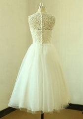 Elegant A-Line/Princess Bateau Sleeveless Tea-Length Organza Wedding Dress with Intricate Lace Details