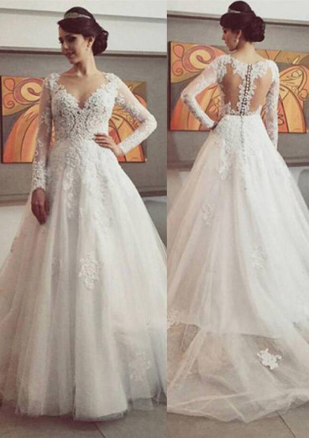 Appliqued Lace Ball Gown with Full Long Sleeves and Court Train in Bateau Neckline and Tulle