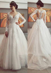 Appliqued Lace Ball Gown with Full Long Sleeves and Court Train in Bateau Neckline and Tulle