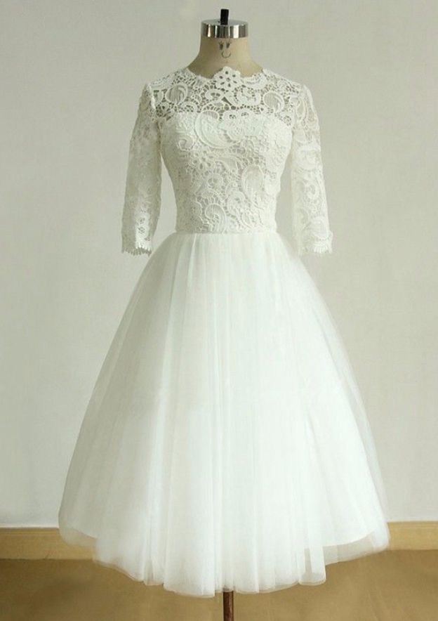 Elegant A-Line/Princess Scoop Neck Half Sleeve Tea-Length Wedding Dress: Tulle with Lace Accents