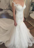 Delicate Appliqued Lace Sweetheart Chapel Train Tulle Wedding Dress with Sleeveless Sheath/Column Design BM bride