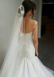 Delicate Appliqued Lace Sweetheart Chapel Train Tulle Wedding Dress with Sleeveless Sheath/Column Design BM bride