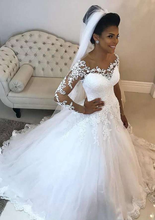 Appliqued Lace Full Long Sleeve Ball Gown with Scoop Neckline and Long Floor-Length Tulle