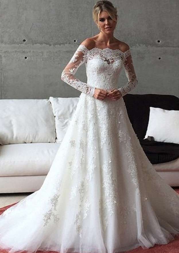 Appliqued Beading Lace Wedding Dress with Sweep Train, Off-The-Shoulder Design, and Full/Long Sleeves in Tulle for A-Line Style