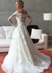 Appliqued Beading Lace Wedding Dress with Sweep Train, Off-The-Shoulder Design, and Full/Long Sleeves in Tulle for A-Line Style