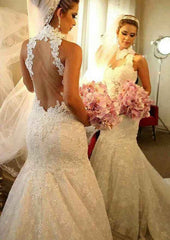 Appliqued High-Neck Sleeveless Sheath/Column Wedding Dress with Court Train in Lace