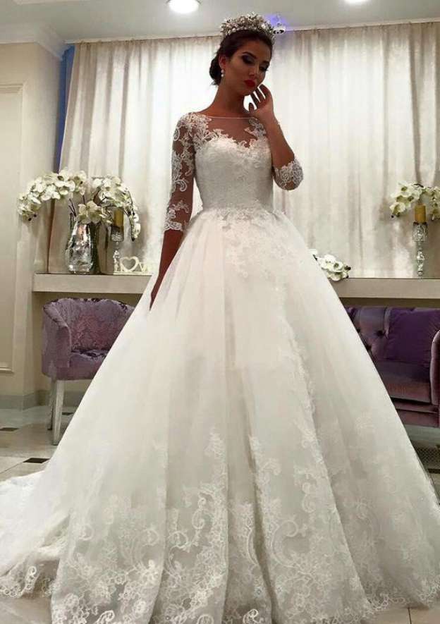 Appliqued Lace A-Line/Princess Bateau Wedding Dress with 3/4 Sleeves and Sweep Train in Tulle