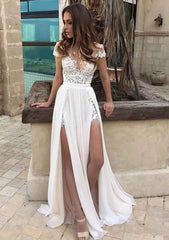 Appliqued Lace Split Short Sleeve A-Line Wedding Dress with Long Chiffon Skirt