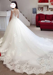 Appliqued Lace A-Line/Princess Wedding Dress with Bateau Neckline, Sleeveless Design, and Cathedral Train in Tulle