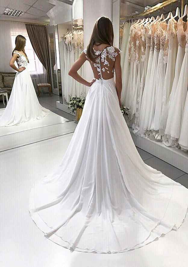 Appliqued Chiffon A-Line Wedding Dress with Bateau Neckline and Court Train