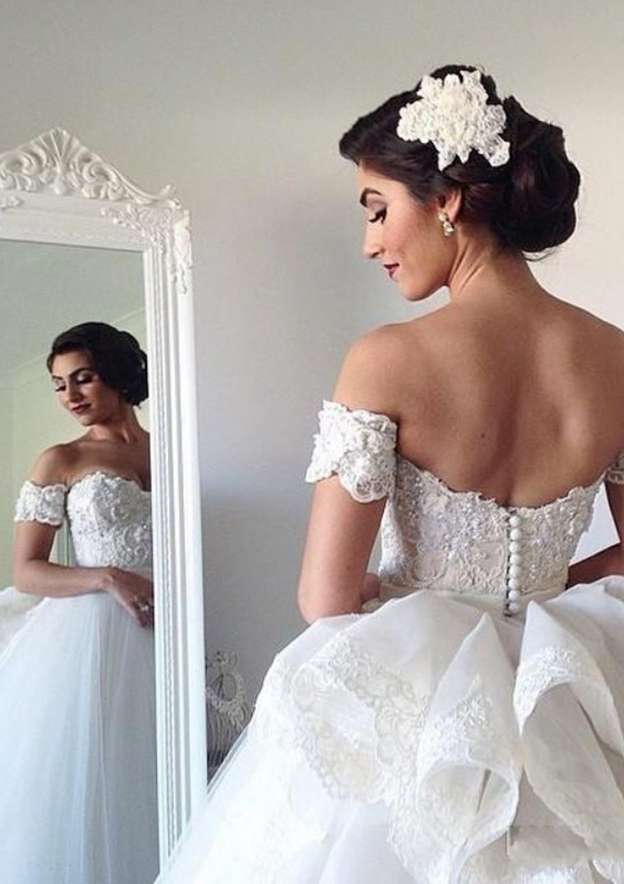 Appliqued Lace Ball Gown with Off-the-Shoulder Short Sleeves and Long Floor-Length Tulle