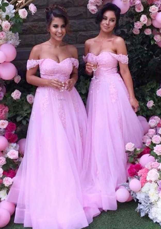 Long/Floor-Length Tulle Bridesmaid Dress, A-Line/Princess Cut, Off-The-Shoulder, Sleeveless, With Lace BM bride