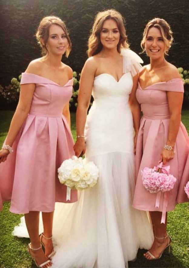 Tea-Length Satin Bridesmaid Dress, A-Line/Princess Cut, Off-The-Shoulder, Sleeveless, With Pleats BM bride