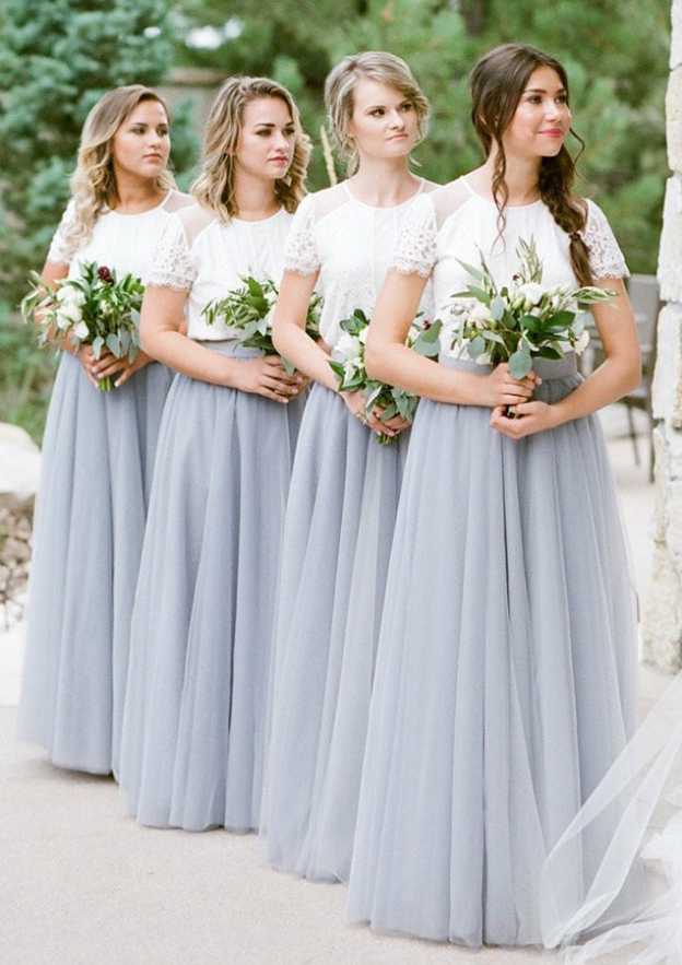 Floor-Length Tulle Bridesmaid Dress, A-Line/Princess Cut, Scoop Neck, Short Sleeve, With Lace BM bride