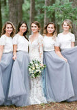 Floor-Length Tulle Bridesmaid Dress, A-Line/Princess Cut, Scoop Neck, Short Sleeve, With Lace BM bride